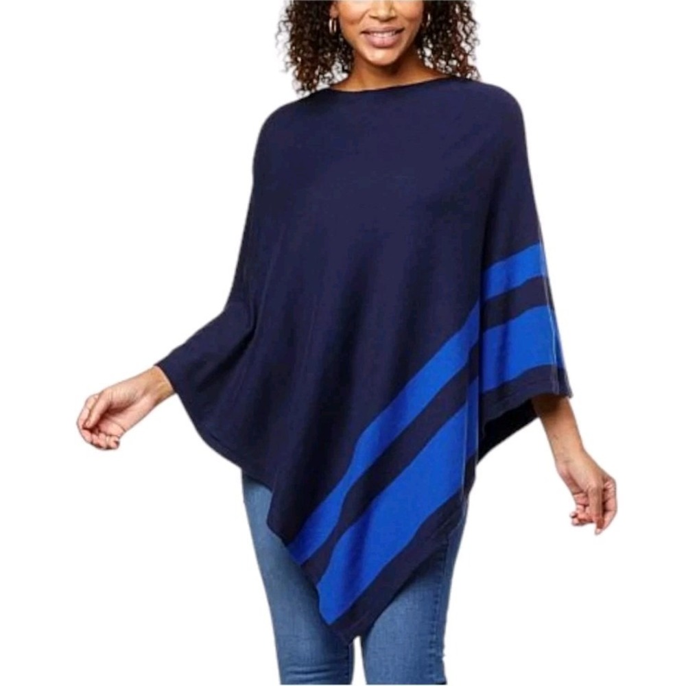 IMAN Global Chic Women's Asymmetric Poncho Stripe Detail Navy Cotton Rayon M/L